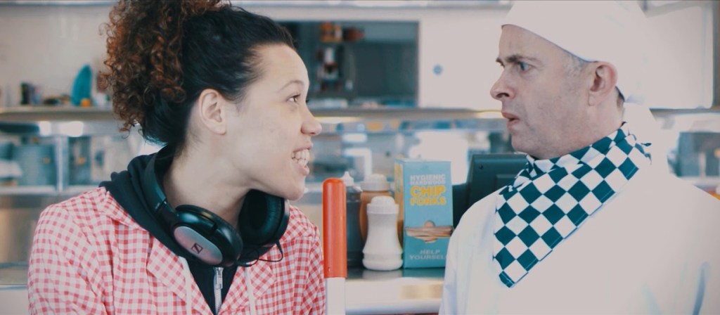 Remmie Milner as Ayla and Darren Southworth as Gram in the pilot tour of Chip Shop: The Musical