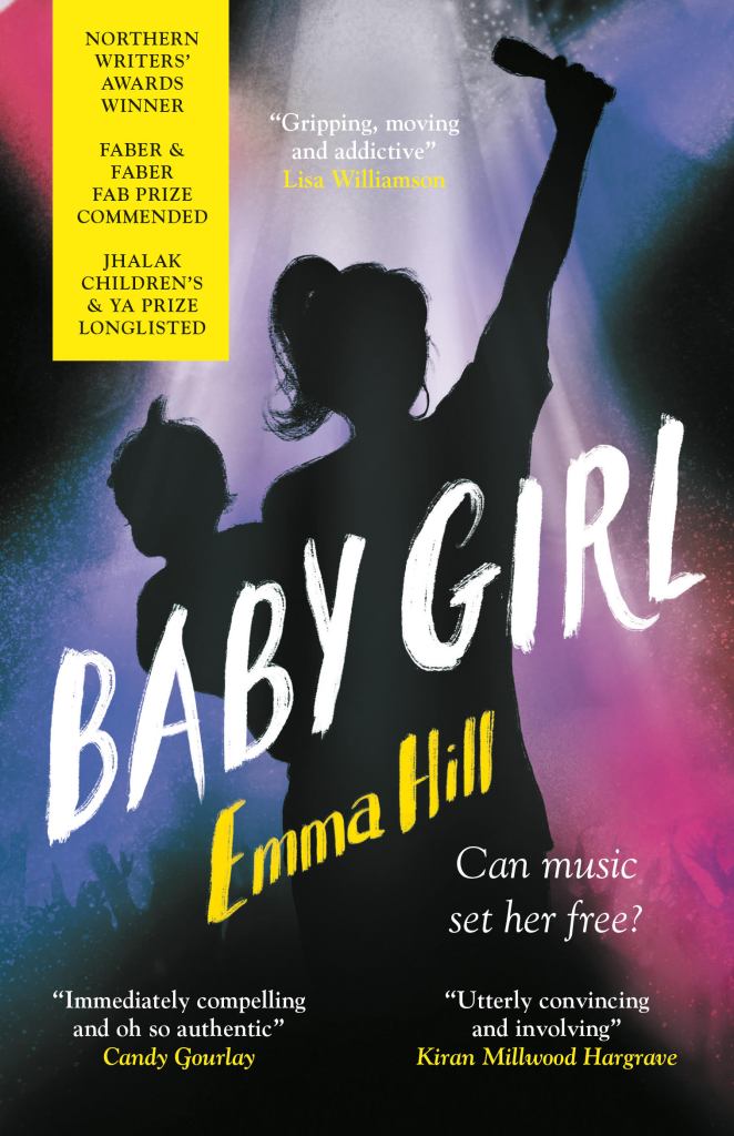 Cover of Baby Girl showing the back silhouette of a young woman, holding a microphone in the air, with a baby on her hip